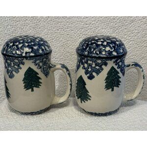 Tienshan Folk Craft Salt Pepper Shakers 2 Cabin In The Snow Sponge Paint 4 Inch